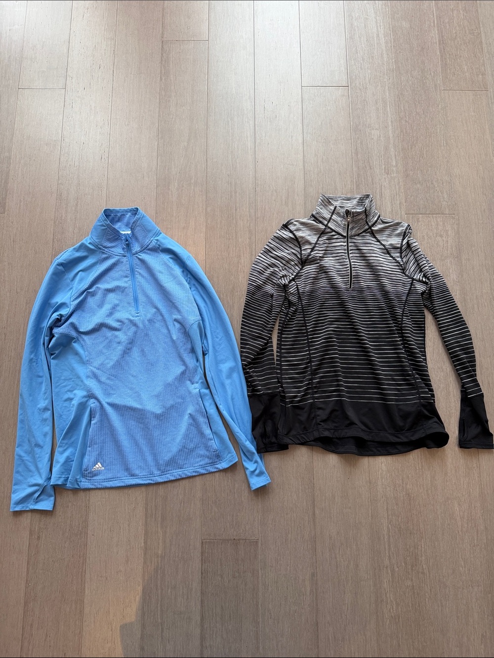 Adidas women’s Light Blue & Kirkland black/white-stripe Half-Zip Training polos